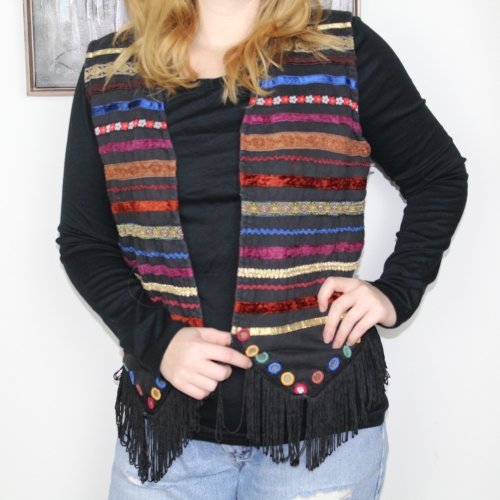 HG NY Vintage Multicolor Striped Embroidered Fringe Open Front Vest Size Large